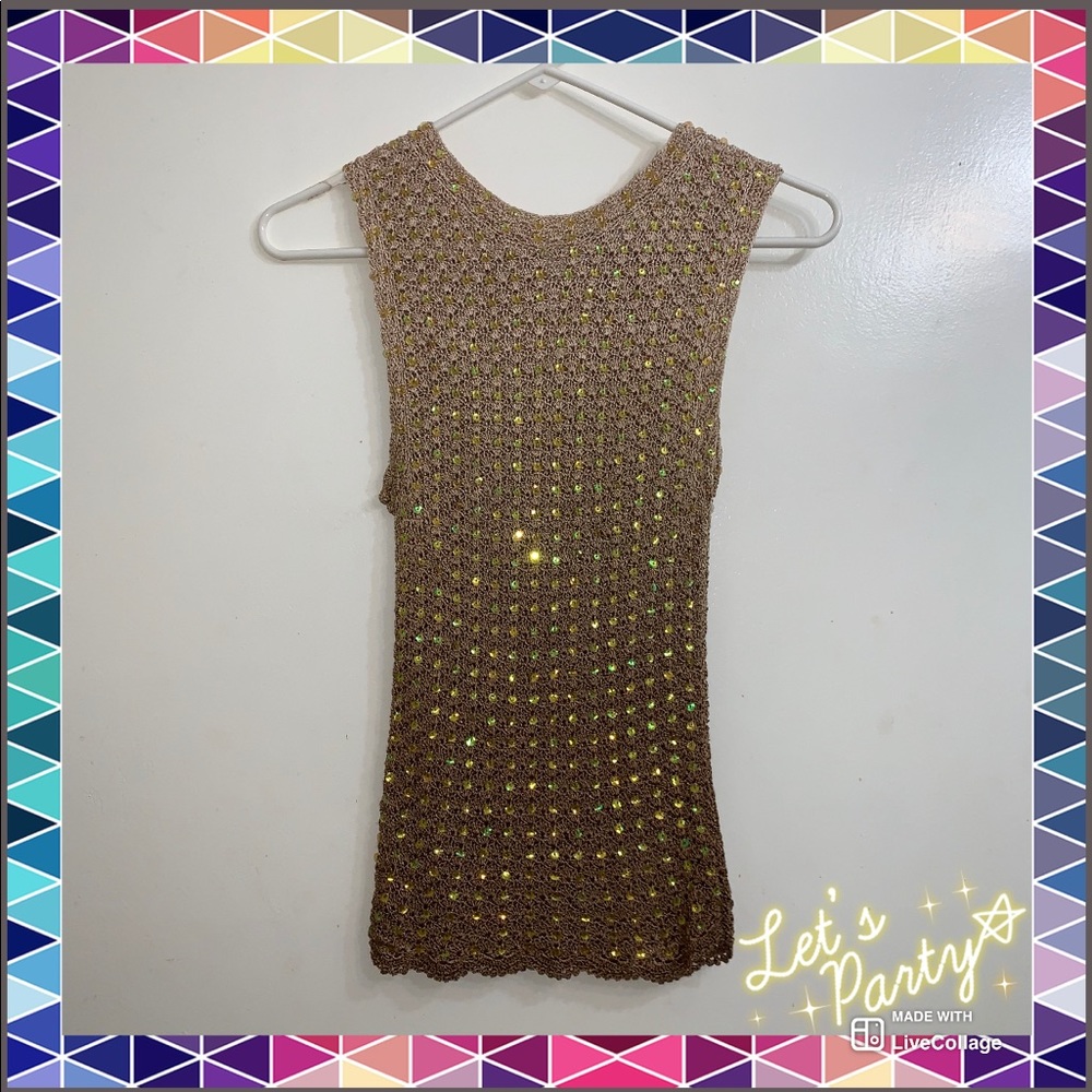 Gold & Tan Crochet sequin scallop ombre top